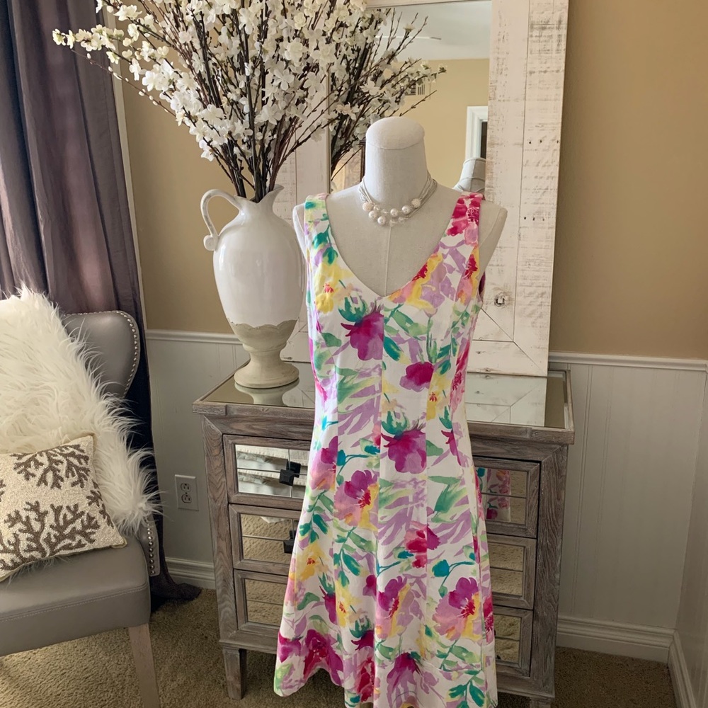 Chaps Floral V-Neck Midi Dress in White with Pink, Green & Yellow